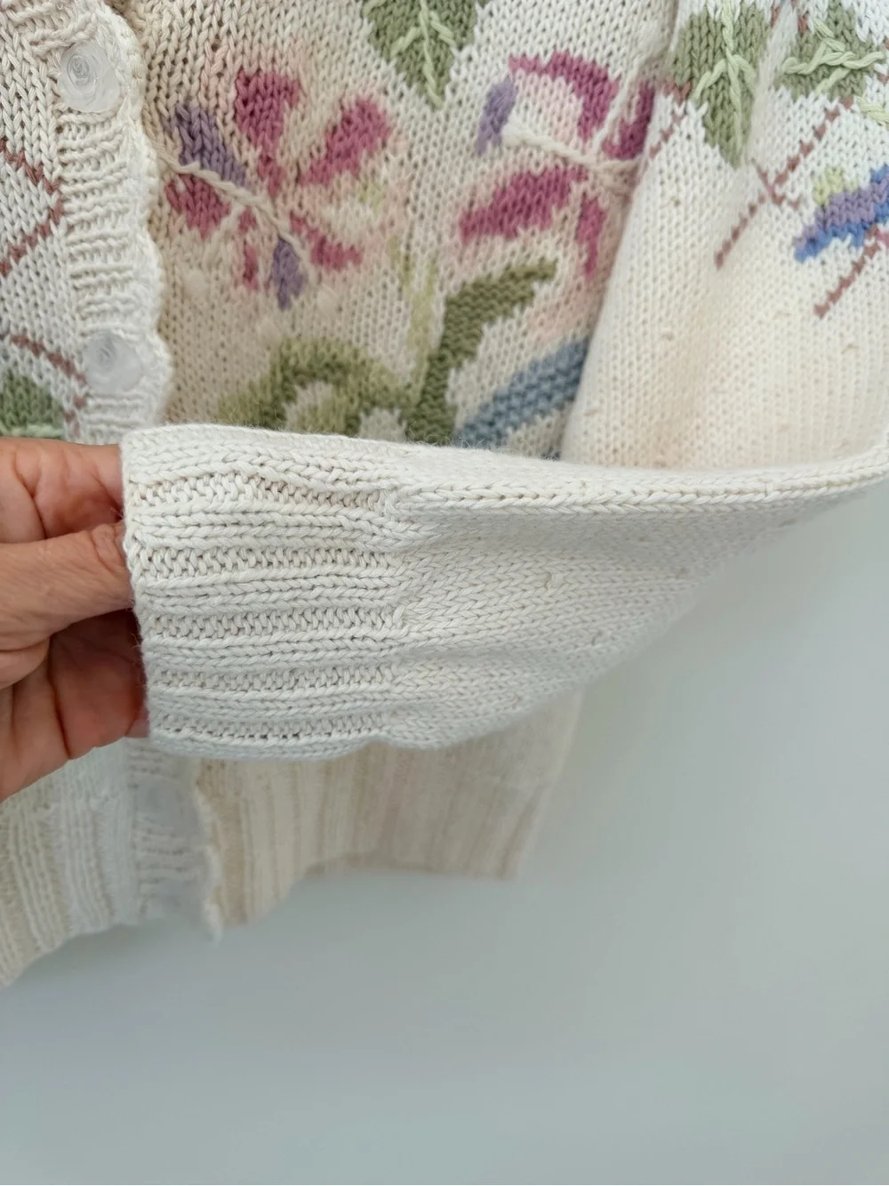 Vintage Hand Knit Floral Cottagecore Cardigan Cream Embroidered Sweater